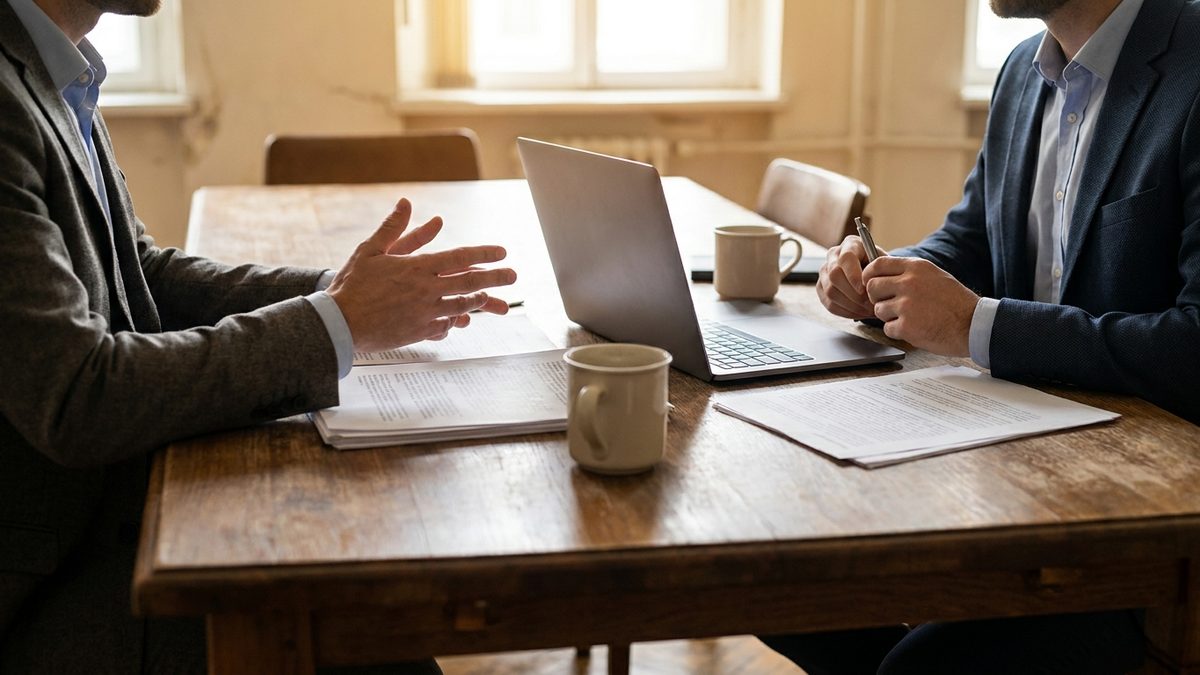 Two people meeting across a wooden table with a laptop and documents between them.