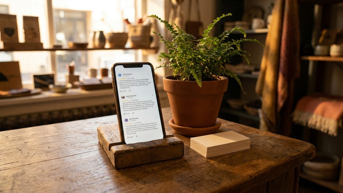 A smartphone on a local business front counter beside a plant and a stack of business cards.