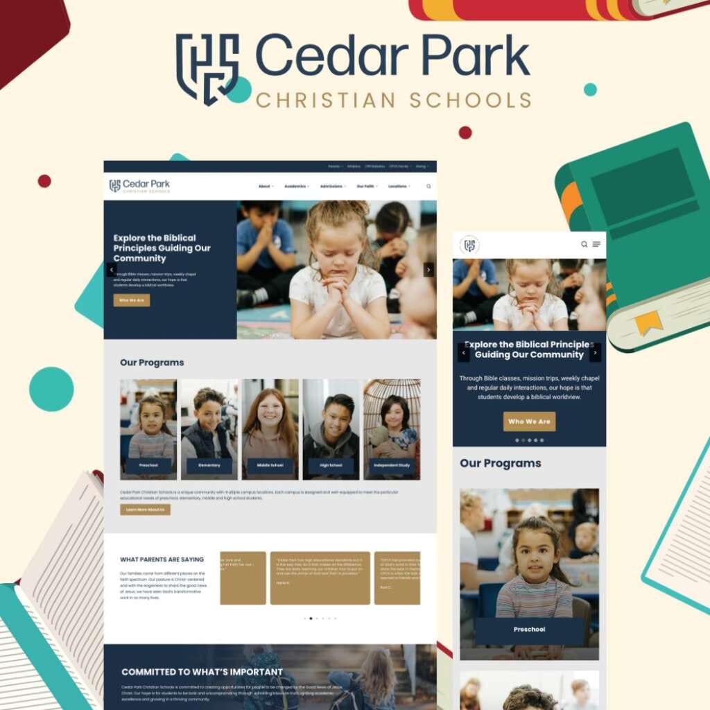 Cedar Park Christian Schools website mockup with diverse children and educational program imagery