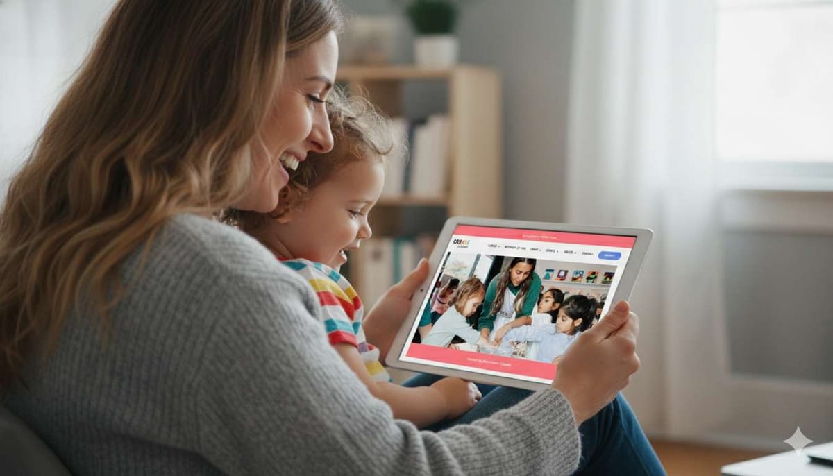 Woman and child looking at CreArt Studioz website on tablet