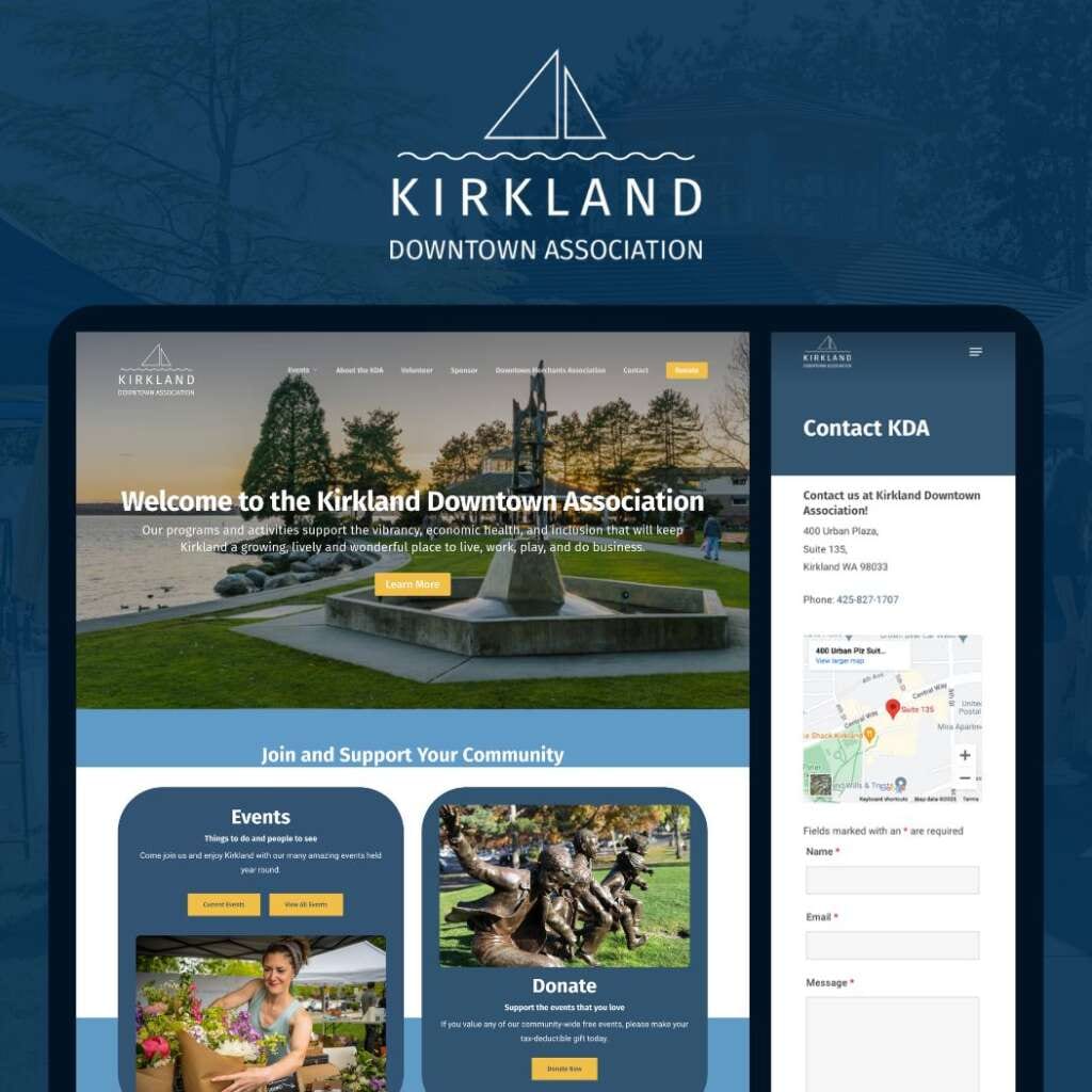 Kirkland Downtown Association website with welcome message, event details, and scenic background