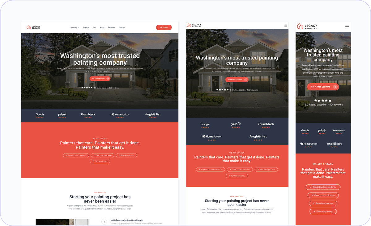 Legacy Painting website in desktop, tablet, and mobile views featuring house image and review badges