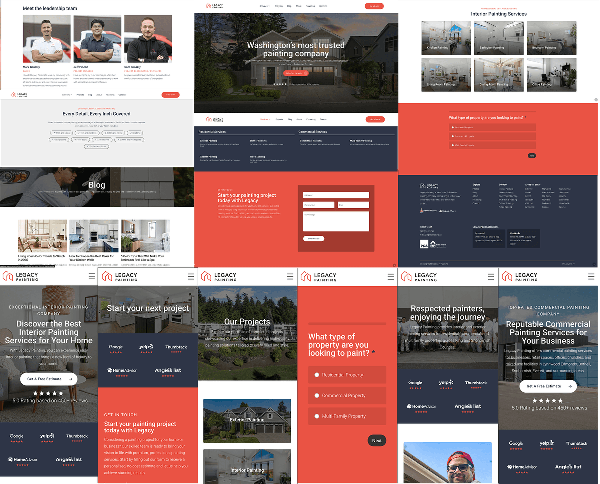 Legacy Painting full website design collage with team photos, galleries, and contact forms